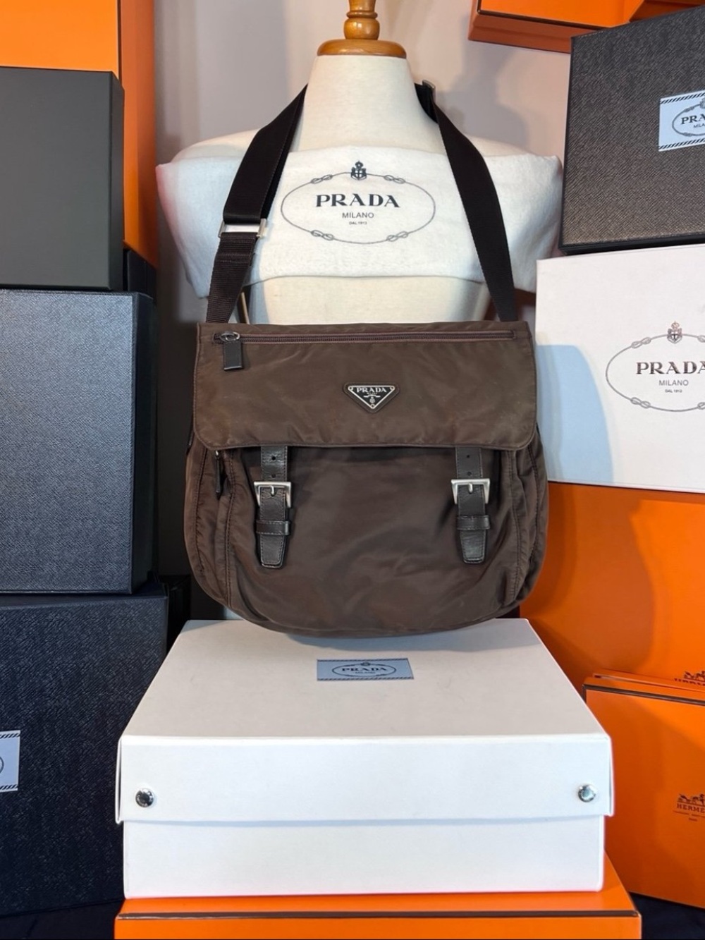 Prada Dark Brown Nylon Crossbody Messenger Bag